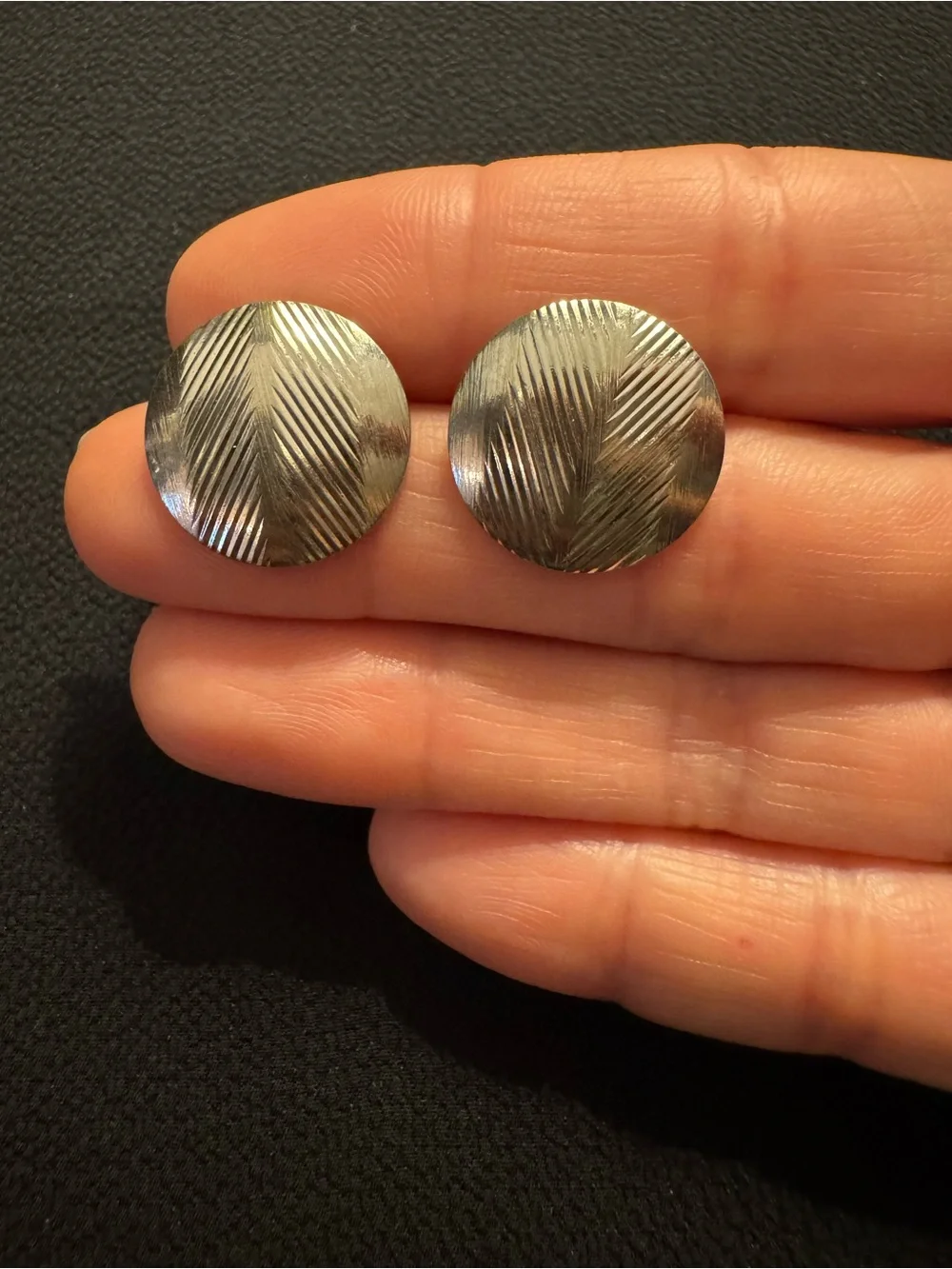 Silver Engraved Geometric Round Stud Earrings 3/4”